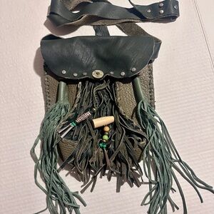 Stylish Green and Brown Crossbody Leather Bag with Fringe and Decorative Studs